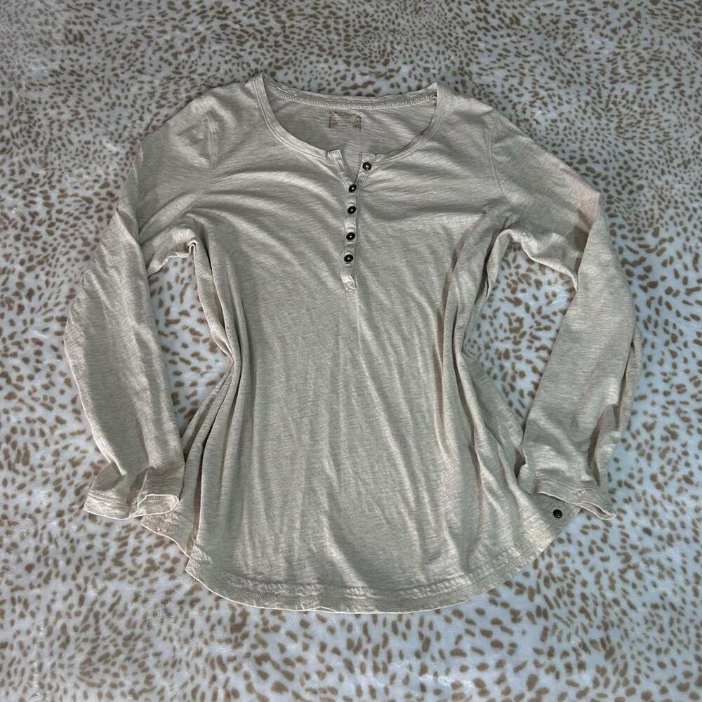 Ruff Hewn Henley Top Size 1X Beige Long Sleeve Cotton Button